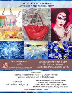 Flyer for maria Bablyak artist reception & fashion show with designers on Dec. 4th